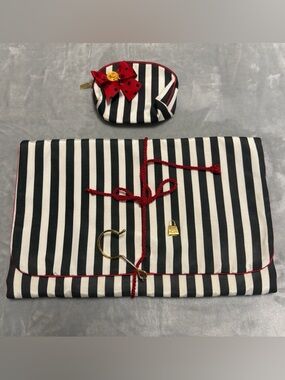 VTG Christian Dior Striped Hanging Toiletry Travel Bag w/ Matching Makeup Pouch
